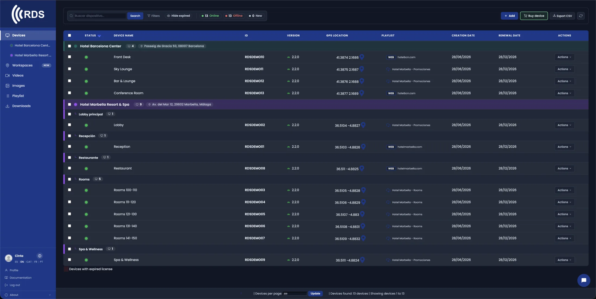 Portátil con la consola RDS — vista en directo de la flota de dispositivos